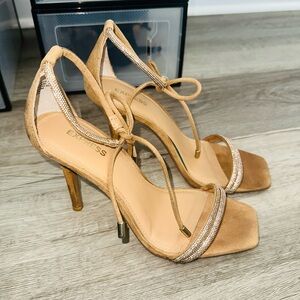 Express Beige Strappy Heels with Gold Accents